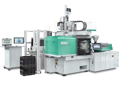 Arburg recently showcased its Allrounder 370 A injection molding machine, with about 67 tons of clamping force, in a demonstration cell making drinking cups. Arburg recently showcased its Allrounder 370 A injection molding machine, with about 67 tons of clamping force, in a demonstration cell making drinking cups.