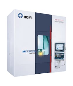 Romi&apos;s DCM 620-5X Hybrid is five-axis hybrid vertical machining center that combines additive and subtractive metal machining capabilities.