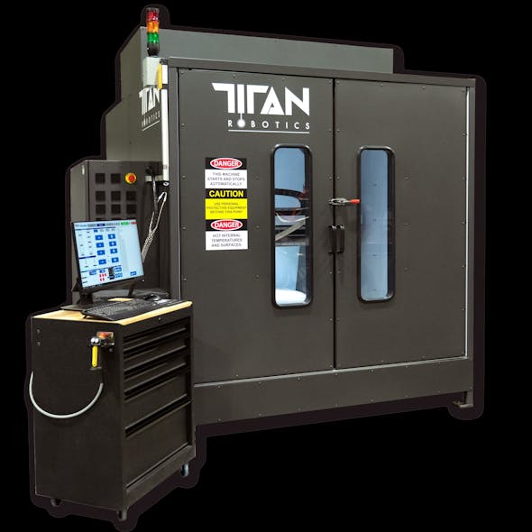 The Atlas-HS hybrid 3-D printer from Titan Robotics can quickly print near-net-shape parts with its extrusion head, then its milling tools are used for fast finishing work.