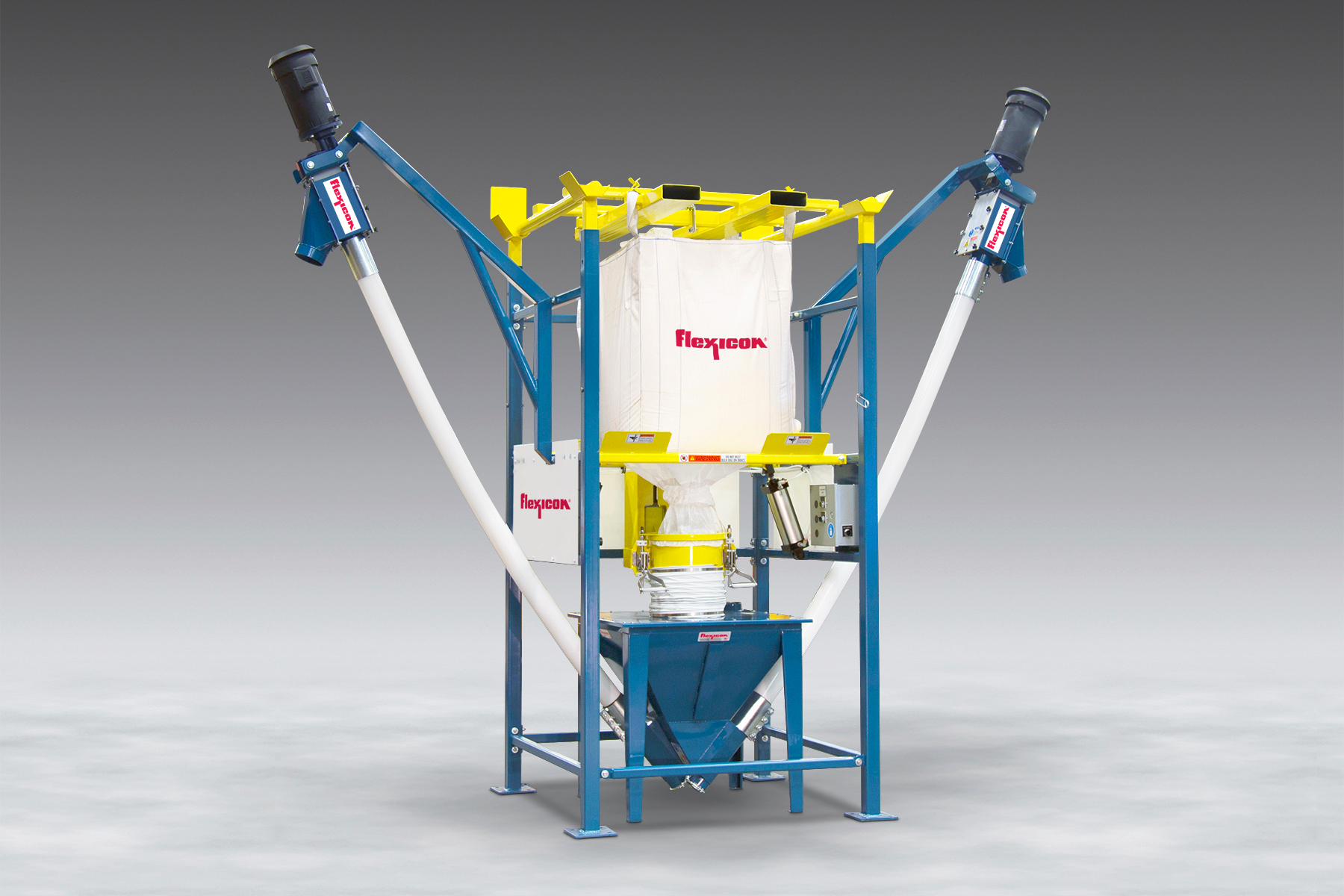This Flexicon bulk bag discharger has dual screw conveyors that can feed two downstream processes.