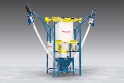 This Flexicon bulk bag discharger has dual screw conveyors that can feed two downstream processes. This Flexicon bulk bag discharger has dual screw conveyors that can feed two downstream processes.