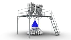 The gravimetric BlendSave centralizes all blending and conveying activities around a large, funnel-shaped manifold called an OctoBatch. The gravimetric BlendSave centralizes all blending and conveying activities around a large, funnel-shaped manifold called an OctoBatch.
