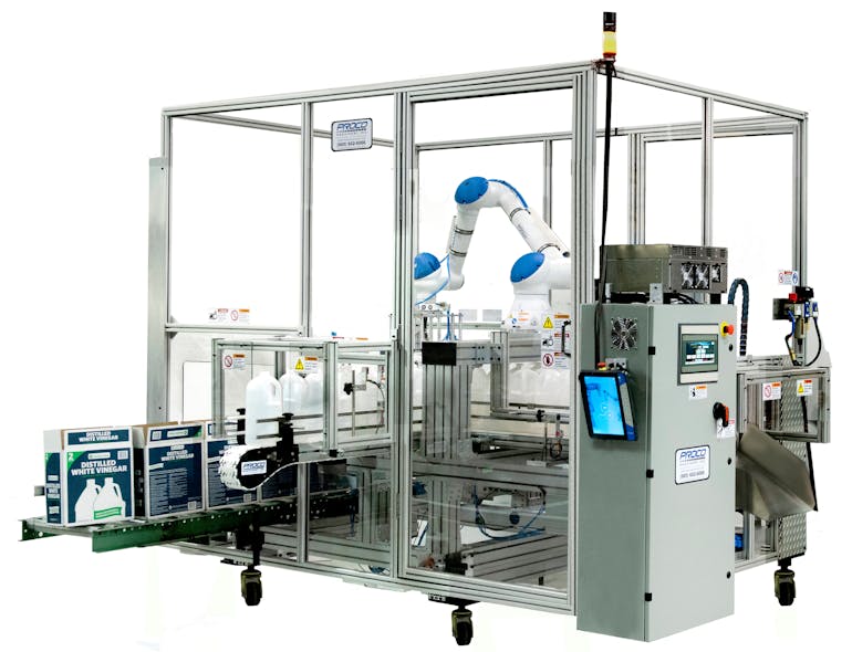 Proco Machinery now offers its Pakman bottle packaging system with a cobot arm.
