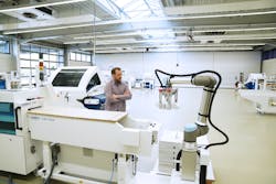 Universal Robots' UR10e cobot has a 27.6-pound payload, 7.5-inch diameter base and a 4.3-foot reach. Universal Robots' UR10e cobot has a 27.6-pound payload, 7.5-inch diameter base and a 4.3-foot reach.
