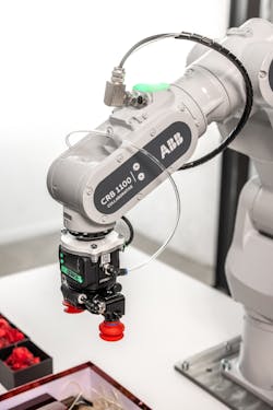 ABB’s new Swifti CRB 1100 cobot can operate at speeds of up to 16.4 feet per second with a payload of up to 8.8 pounds. It offers what the company calls “best-in-class” accuracy and position repeatability of 10 microns. ABB’s new Swifti CRB 1100 cobot can operate at speeds of up to 16.4 feet per second with a payload of up to 8.8 pounds. It offers what the company calls “best-in-class” accuracy and position repeatability of 10 microns.