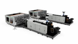 Wilmington’s newest Pallateer-series machine, the dual-mold Lumina PM-3C, can hold twin molds and produce pallets weighing as much as 40 pounds each and as big as 4 feet by 4.3 feet. Wilmington’s newest Pallateer-series machine, the dual-mold Lumina PM-3C, can hold twin molds and produce pallets weighing as much as 40 pounds each and as big as 4 feet by 4.3 feet.