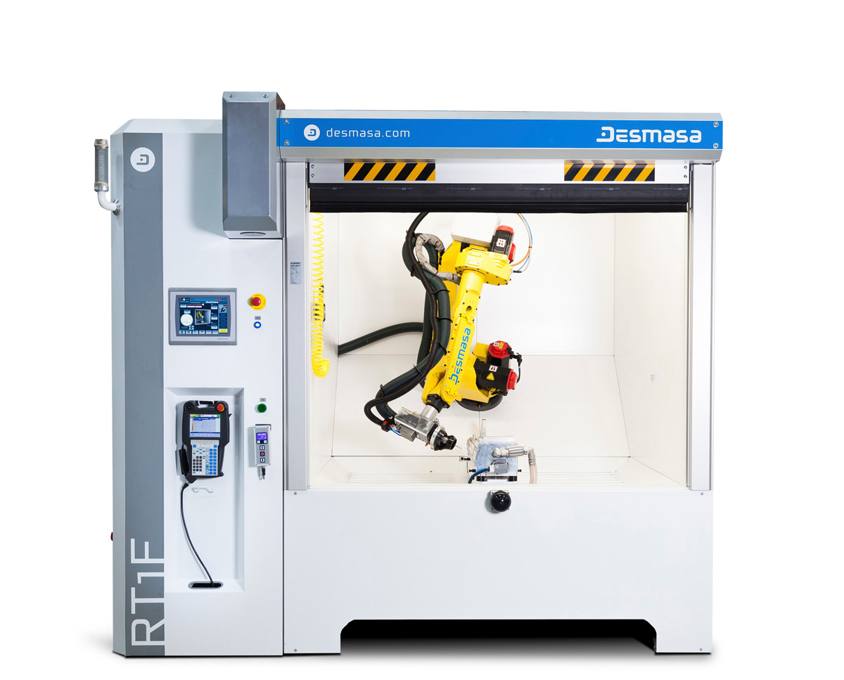 Desmasa's router trimming cells integrate a robotic arm and can trim injection molded plastic parts or composite products.