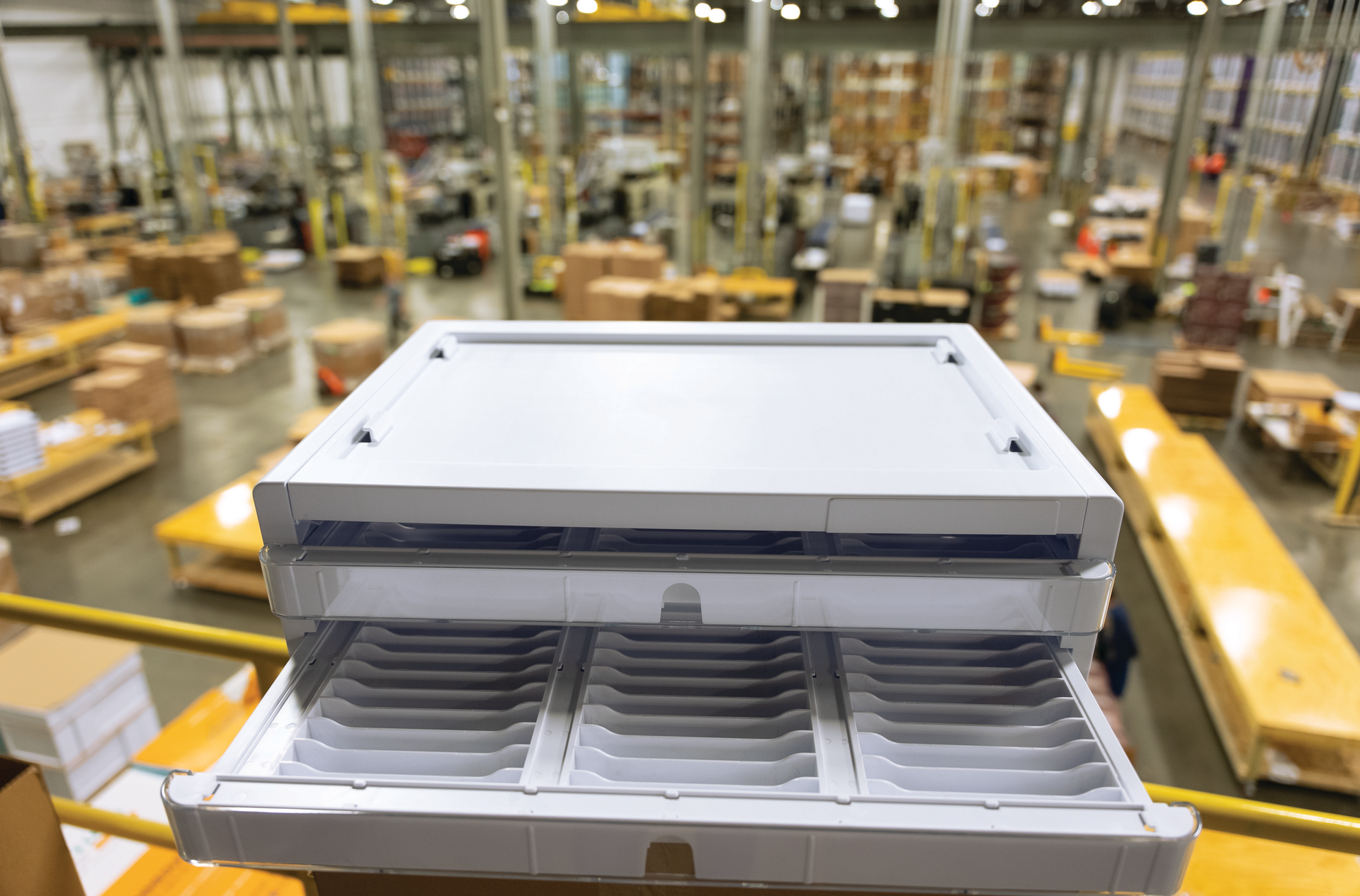 Elevate's sample kits include shelving systems with slots for contact lens samples.