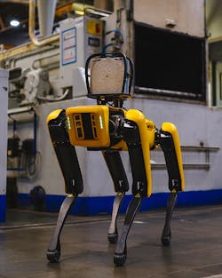 Fluke has partnered with Boston Dynamics to mount its SV600 fixed acoustic imager on a Spot robot, providing it with the ability to detect air or gas leaks or changes in mechanical sound signatures throughout a manufacturing facility. Fluke has partnered with Boston Dynamics to mount its SV600 fixed acoustic imager on a Spot robot, providing it with the ability to detect air or gas leaks or changes in mechanical sound signatures throughout a manufacturing facility.