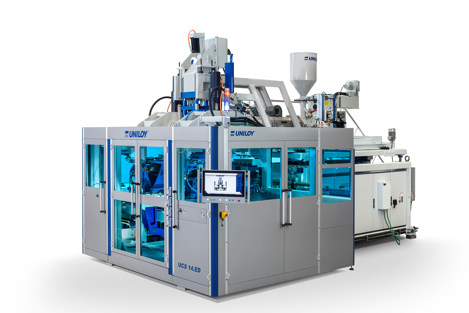 The Uniloy UCS.E all-electric continuous extrusion shuttle blow molding machine