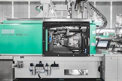 To facilitate access to the mold and make mold changes easier, Arburg's new Allrounder More presses have larger mold capacities and ejector strokes than the original Allrounders, and greater distances between tie bars than comparably sized machines. To facilitate access to the mold and make mold changes easier, Arburg's new Allrounder More presses have larger mold capacities and ejector strokes than the original Allrounders, and greater distances between tie bars than comparably sized machines.