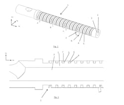 A patent application from inmex GmbH describes a plasticizing cylinder with recesses running the length of its exterior in a double spiral, with one recess holding a heating element and the other a cooling element. A patent application from inmex GmbH describes a plasticizing cylinder with recesses running the length of its exterior in a double spiral, with one recess holding a heating element and the other a cooling element.
