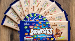 The Smarties sharing block from Nestle is available in a recyclable paper wrapper in the UK.