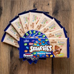The Smarties sharing block from Nestle is available in a recyclable paper wrapper in the UK. The Smarties sharing block from Nestle is available in a recyclable paper wrapper in the UK.