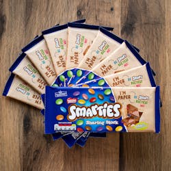 The Smarties sharing block from Nestle is available in a recyclable paper wrapper in the UK.