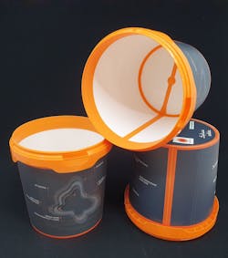 Muller Technology's Skel-Pac container features two rods of plastic that join plastic haloes on each end to create the backbone for a hollow cylinder. Paperboard coated with plastic is used to create the walls and bottom of the container, which is appropriate for storing both wet and dry food and non-food products. Muller Technology's Skel-Pac container features two rods of plastic that join plastic haloes on each end to create the backbone for a hollow cylinder. Paperboard coated with plastic is used to create the walls and bottom of the container, which is appropriate for storing both wet and dry food and non-food products.