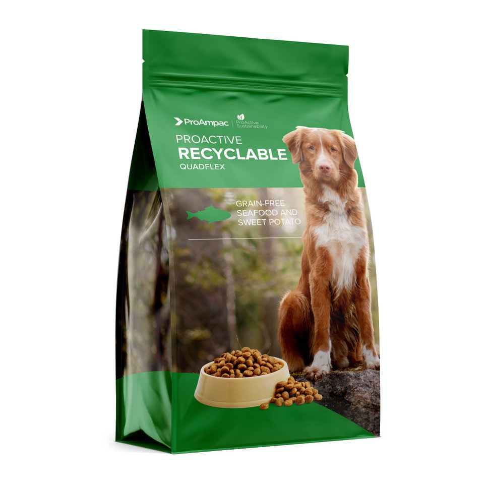 ProAmpac's Quadflex recyclable stand-up pouches use a mono-PE film, and are suitable for pet food, human food and homecare products.