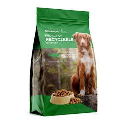ProAmpac&apos;s Quadflex recyclable stand-up pouches use a mono-PE film, and are suitable for pet food, human food and homecare products.