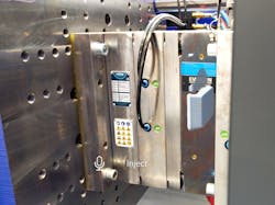 Using HoloLens augmented-reality glasses and HoloVoice, injection molding machine operators have a plethora of options, including 'Inject,' shown at the bottom at the screen, that they can activate through voice or touch. Using HoloLens augmented-reality glasses and HoloVoice, injection molding machine operators have a plethora of options, including 'Inject,' shown at the bottom at the screen, that they can activate through voice or touch.
