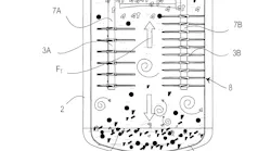 The apparatus described in the patent features a washing container with an inlet and an outlet, as well as at least one vertical rotor-shaft with a series of impeller units mounted one above the other.