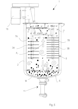 The apparatus described in the patent features a washing container with an inlet and an outlet, as well as at least one vertical rotor-shaft with a series of impeller units mounted one above the other. The apparatus described in the patent features a washing container with an inlet and an outlet, as well as at least one vertical rotor-shaft with a series of impeller units mounted one above the other.