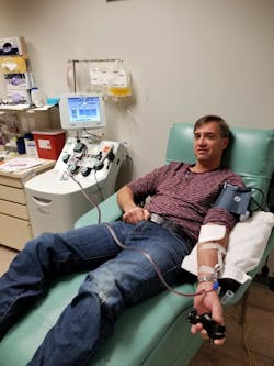 Kurt Duska tries to give platelets every two weeks. The process takes a couple hours. Kurt Duska tries to give platelets every two weeks. The process takes a couple hours.