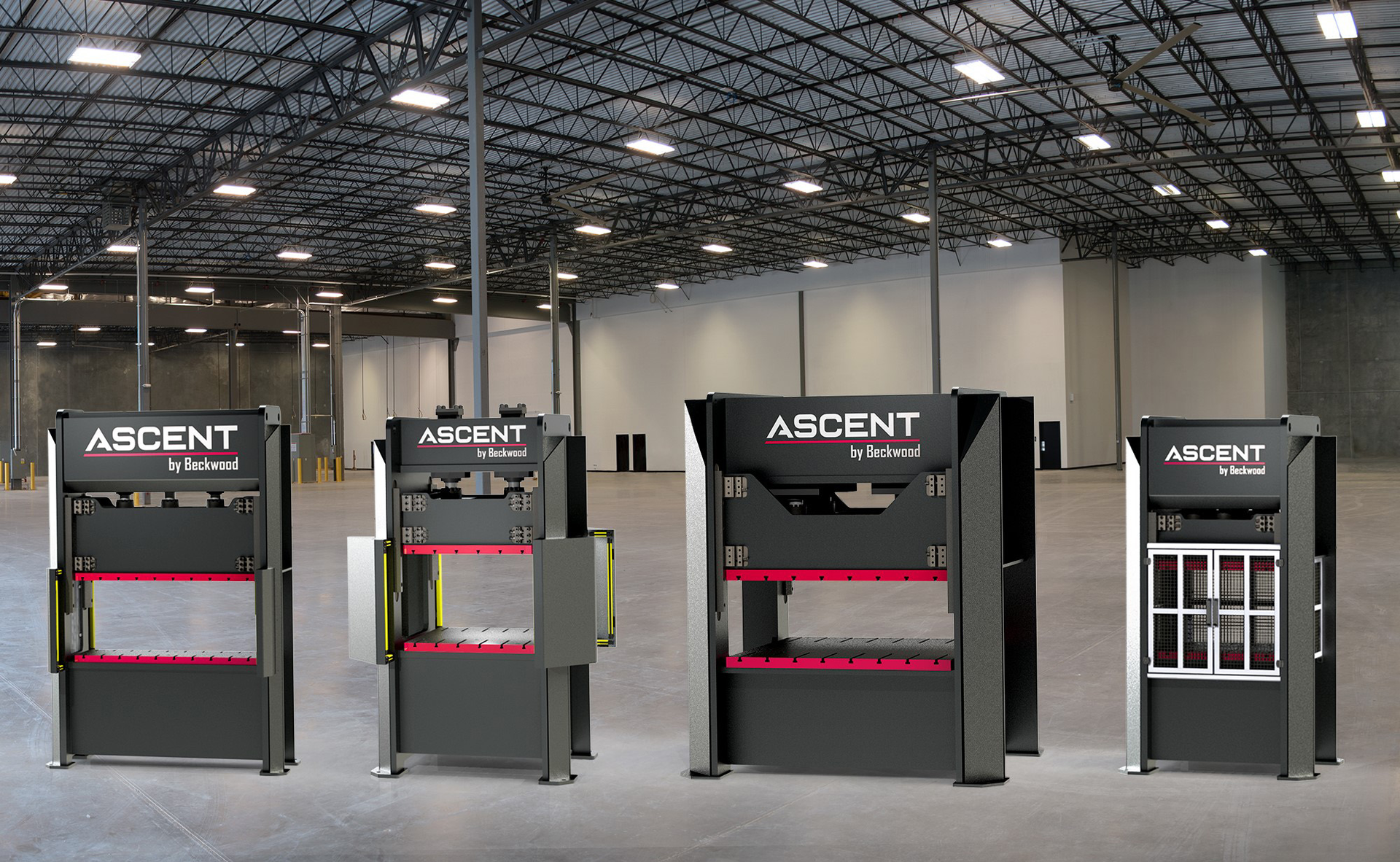 Beckwood's Ascent presses are available in 21 different frame sizes, and with tonnages from 30 tons to 500 tons.