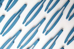 Made from a new, castor bean-based resin called Rilsan FKZM 65 O TD MED, these surgical forceps prototypes came out of the mold with no visible flash, sink marks, discoloration or surface-finish abnormalities. Made from a new, castor bean-based resin called Rilsan FKZM 65 O TD MED, these surgical forceps prototypes came out of the mold with no visible flash, sink marks, discoloration or surface-finish abnormalities.