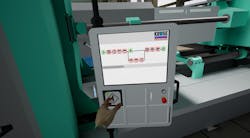 A screen shot from a virtual reality scenario shows a simulated worker operating an injection molding machine. A screen shot from a virtual reality scenario shows a simulated worker operating an injection molding machine.