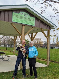 Tim and Rachel Hopple supported efforts to build a shelter at a dog park near their home in Tiffin, Ohio. The shelter is named after their tripod dog, Tika. Tim and Rachel Hopple supported efforts to build a shelter at a dog park near their home in Tiffin, Ohio. The shelter is named after their tripod dog, Tika.