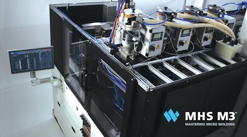 The new M3-D32 micromolding machine has four hoppers, four dryers, four plasticating barrels, eight injection plungers and 32 valve-gated hot-runner nozzles.