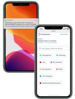 Guidewheel's FactoryOps software can send alerts letting plant personnel know about issues identified by machine sensors. Guidewheel's FactoryOps software can send alerts letting plant personnel know about issues identified by machine sensors.
