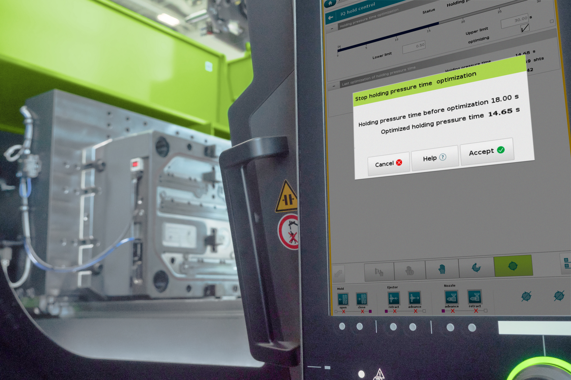 Engel&rsquo;s iQ hold control makes it easy to optimize holding pressure time quickly, saving time and raw materials.