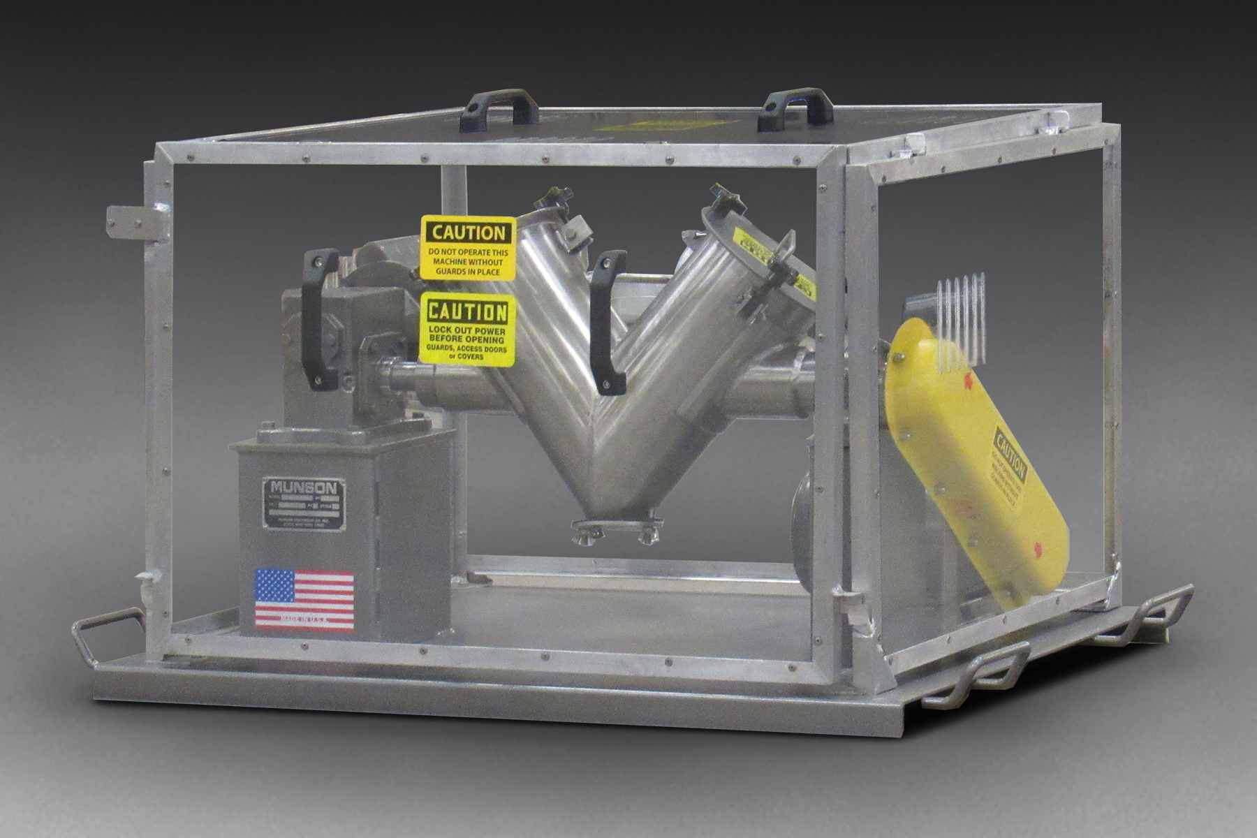 Munson Machinery's lab-sized VB-.25-SSXHDI Vee Cone Blender can handle dense dry bulk solids, and is housed in a safety-interlocked PC enclosure.