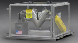 Munson Machinery's lab-sized VB-.25-SSXHDI Vee Cone Blender can handle dense dry bulk solids, and is housed in a safety-interlocked PC enclosure.