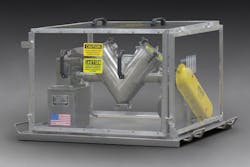 Munson Machinery's lab-sized VB-.25-SSXHDI Vee Cone Blender can handle dense dry bulk solids, and is housed in a safety-interlocked PC enclosure. Munson Machinery's lab-sized VB-.25-SSXHDI Vee Cone Blender can handle dense dry bulk solids, and is housed in a safety-interlocked PC enclosure.