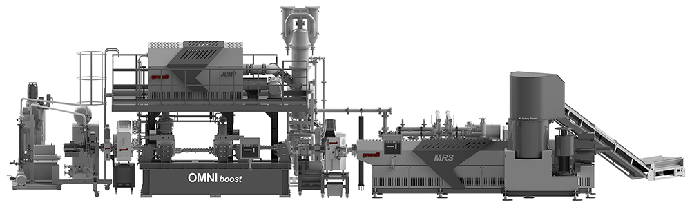 The Gneuss OMNIboost turnkey recycling machine includes a JUMP polyreactor, MRS extrusion system, rotary filtration system and 3C rotary feeder.