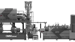 The Gneuss OMNIboost turnkey recycling machine includes a JUMP polyreactor, MRS extrusion system, rotary filtration system and 3C rotary feeder.