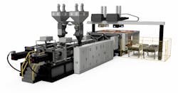 With dual injection units, the Wilmington Lumina MP1200 can run two molds side by side. With dual injection units, the Wilmington Lumina MP1200 can run two molds side by side.