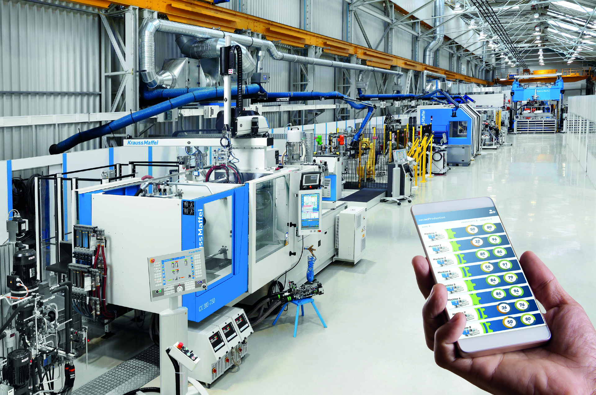 KraussMaffei's socialProduction is a mobile app and web application that uses information from sensors on IMMs to track operating parameters and machine conditions.