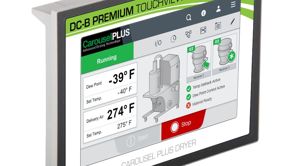 The new DC-B Common Control is now available on all Conair dryers with capacities from 15 to 5,000 pounds per hour. Built to minimize operator training costs, this control provides an identical user experience across upstream auxiliary equipment with HMIs.