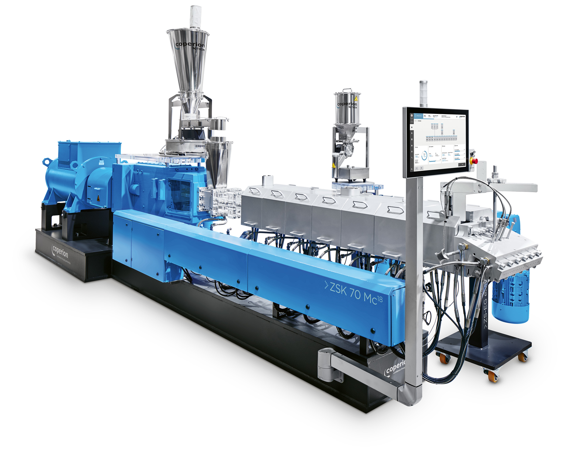 Coperion's ZSK 58 Mc18 twin-screw extruder features 70mm screws, and can handle melting, devolatilization and homogenization processes.