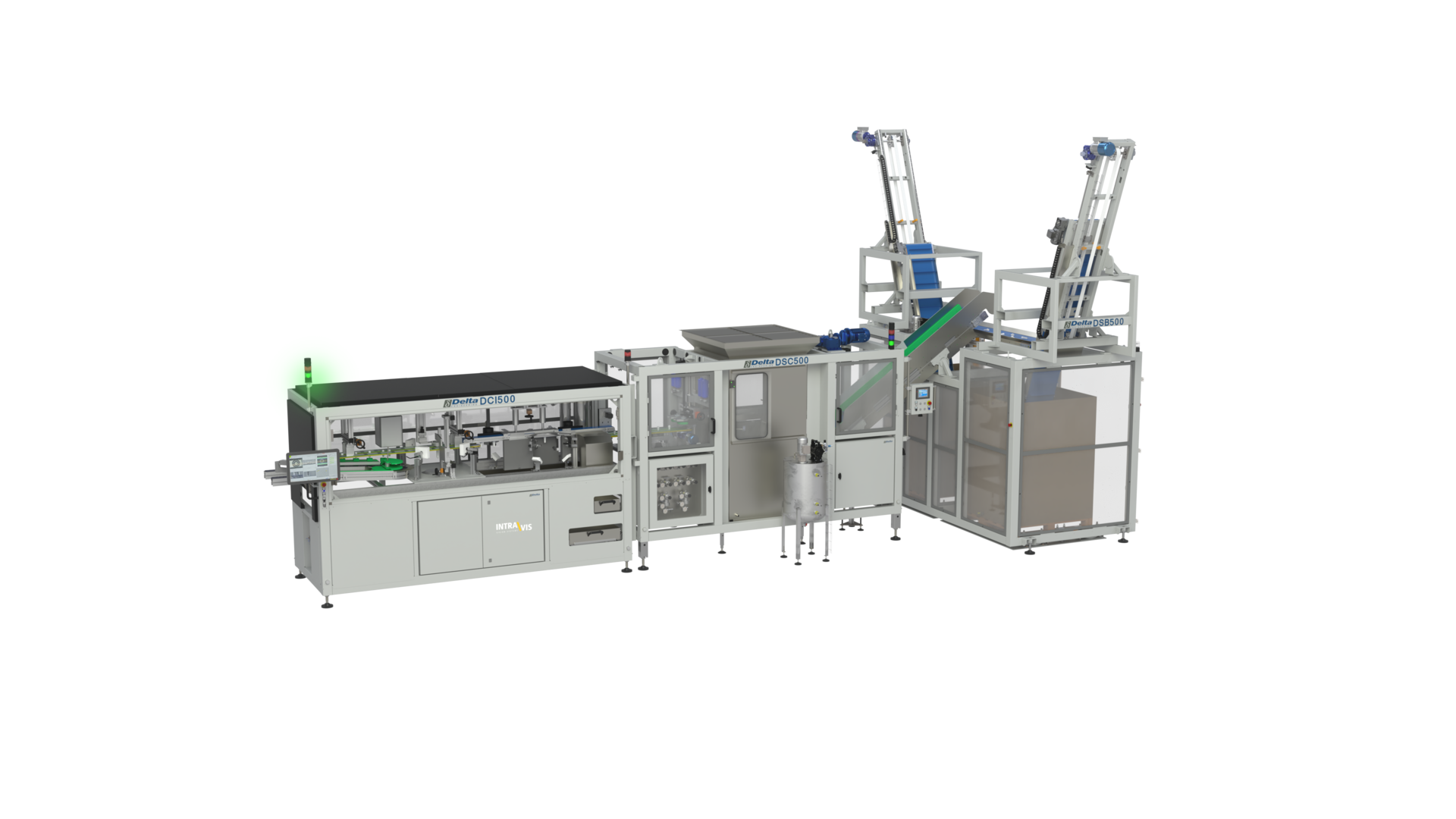 Delta Engineering's DSC500 (center) applies a coating only on the outside of preforms, rather than both the interior and exterior of preforms.