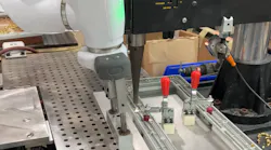 At Ferriot Inc., a tray fabricated by the company's automation department holds a plastic part, and is guided under an ultrasonic welder by a cobot. After each metal insert is joined to the part by the welder, the cobot repositions the tray for the next weld to be made.