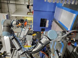 A UR5e cobot from Universal Robots is shown in operation at Aim Processing. A UR5e cobot from Universal Robots is shown in operation at Aim Processing.