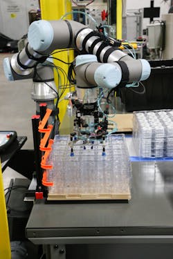 A UR5e cobot from Universal Robots picks up an empty tray at the Aim Processing plant.