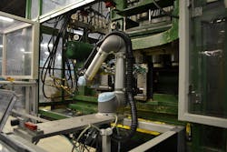 The market for cobots is hot. Here, one operates as part of an automation cell designed by integrator Onexia. The market for cobots is hot. Here, one operates as part of an automation cell designed by integrator Onexia.