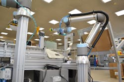 A cobot is shown in an installation set up by Exton, Pa., integrator Onexia. A cobot is shown in an installation set up by Exton, Pa., integrator Onexia.