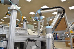 A cobot is shown in an installation set up by Exton, Pa., integrator Onexia.