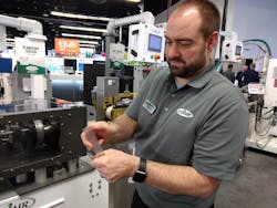 Chad Stover, Conair technical marketing manager, discusses his company&apos;s latest technologies in February at the co-located Medical Design and Manufacturing West and Plastec West trade shows in Anaheim, Calif.
